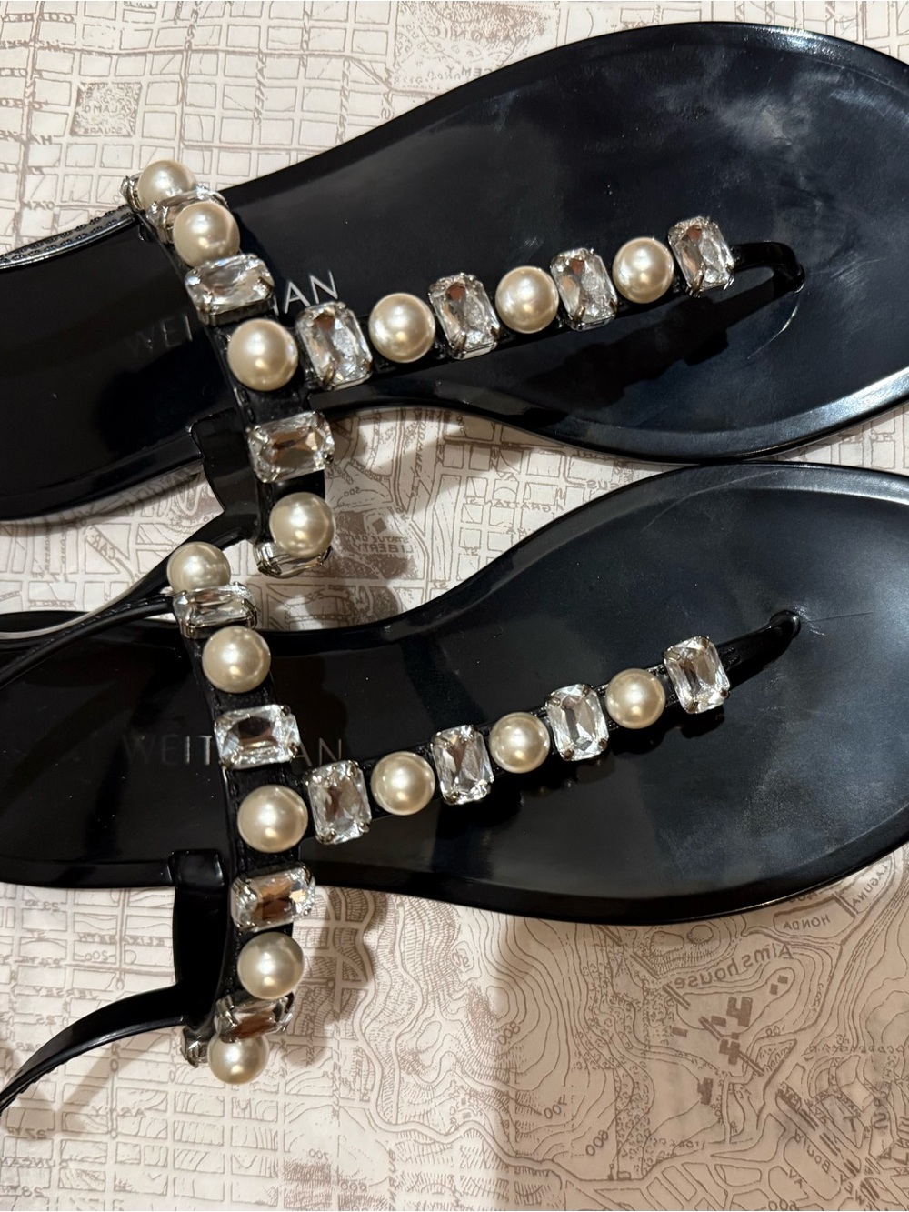Stuart Weitzman Black Jeweled Pearl-Embellished T-Strap Sandals